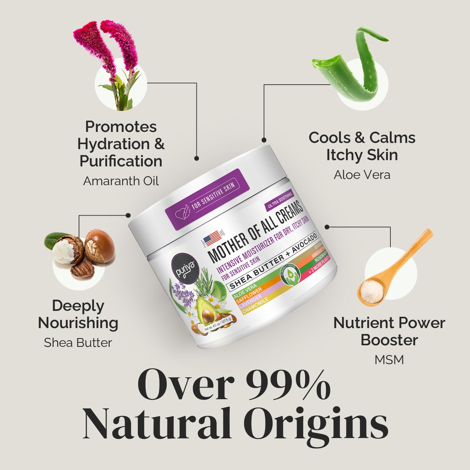 Daily-use bottle of Puriya Intensive Moisturizer on bathroom shelf.