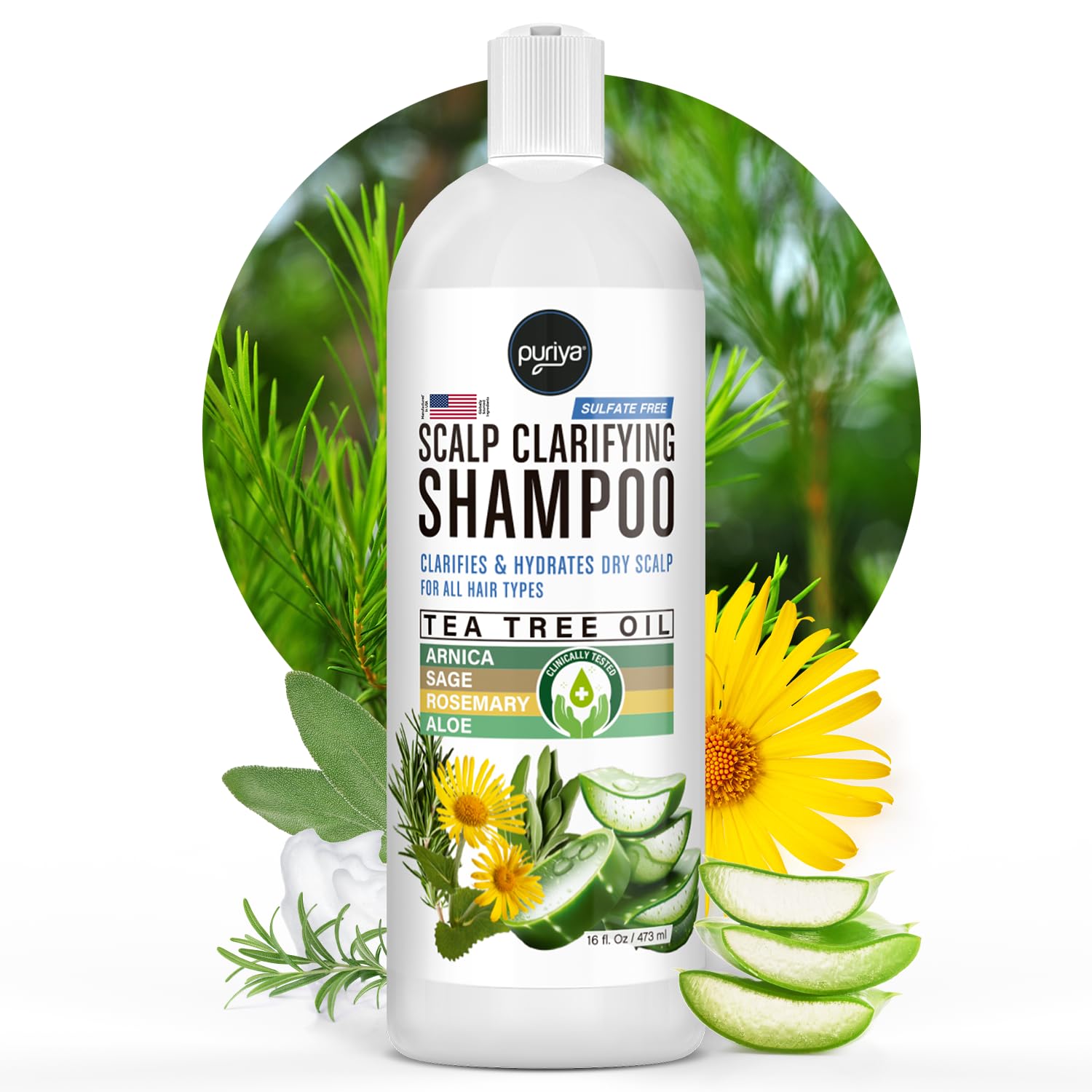 Puriya Tea Tree Clarifying Shampoo bottle showing a soothing, scalp-friendly formula for dry skin.
