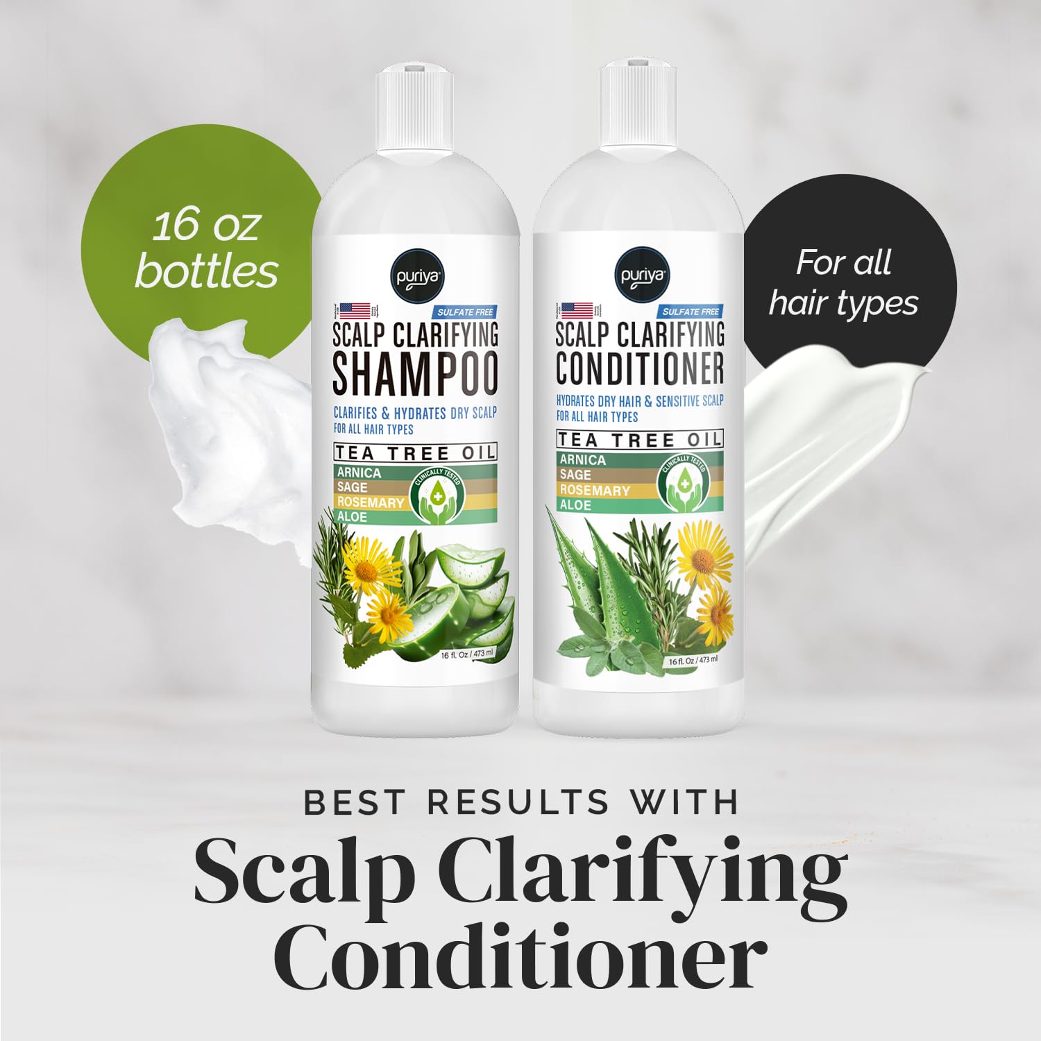 Puriya Tea Tree Clarifying Shampoo suitable for kids and adults, including color-treated hair.