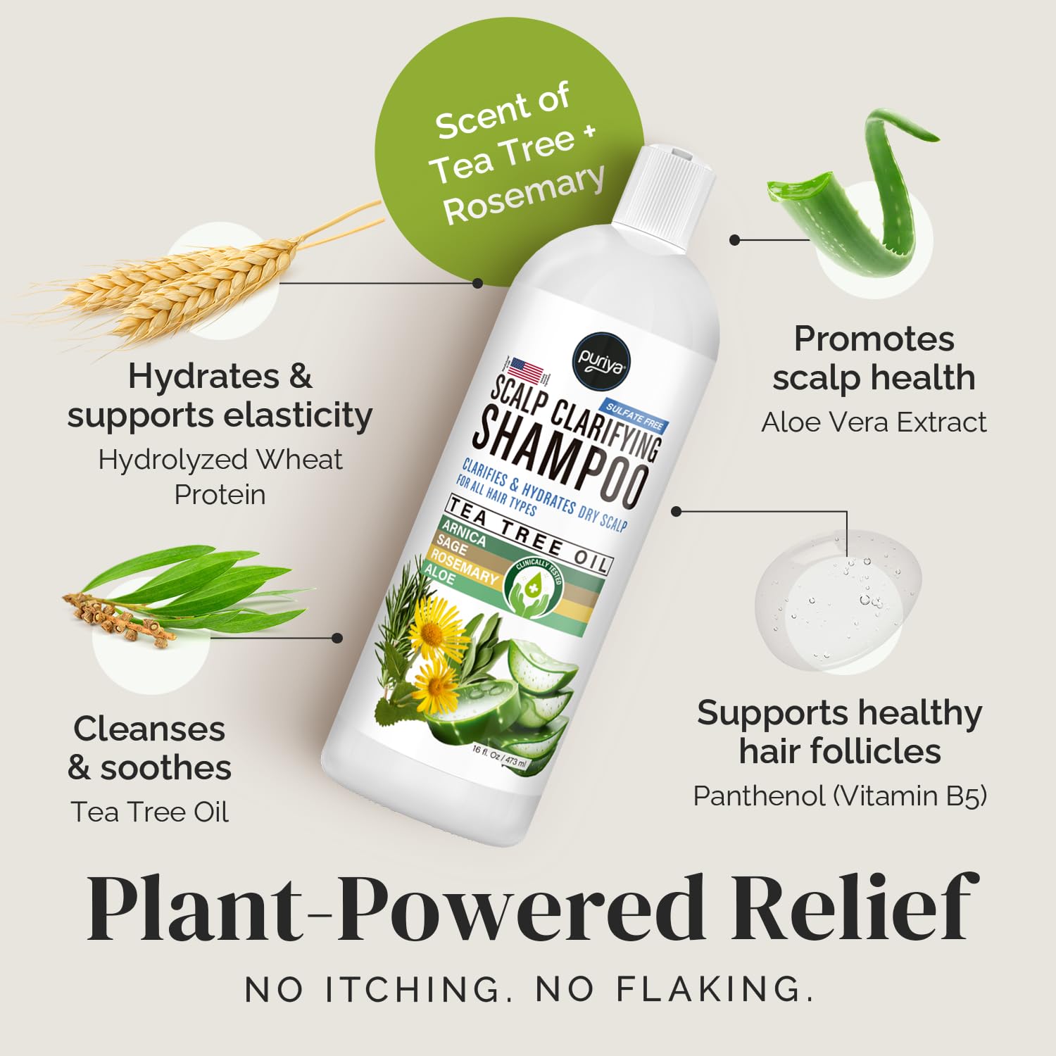 Puriya Tea Tree Clarifying Shampoo bottle with rosemary scent offers refreshing aroma.