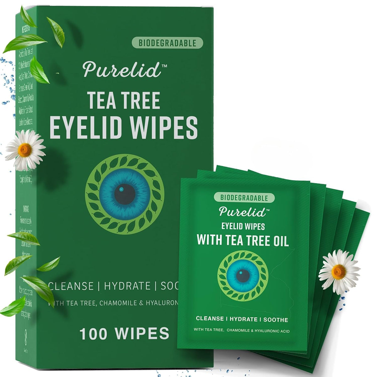 PURELID, toallitas ojos árbol de té, envase individual para uso diario.