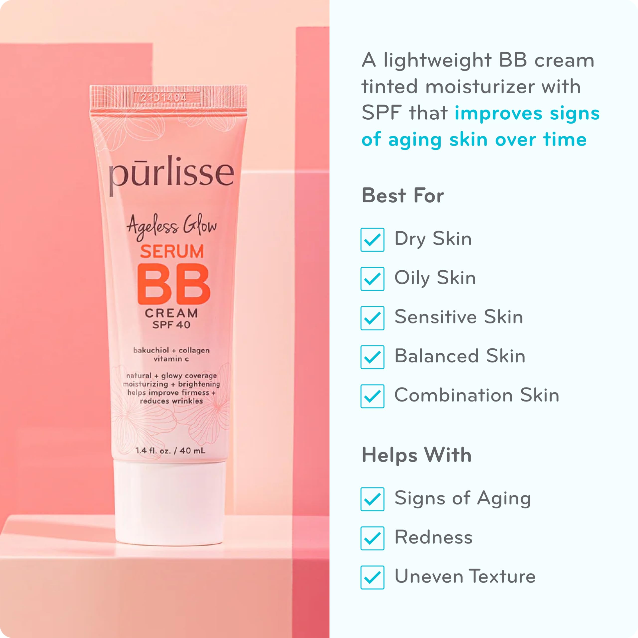 Pūrlisse Ageless Glow Serum BB Cream SPF 40 texture shows lightweight, radiant coverage