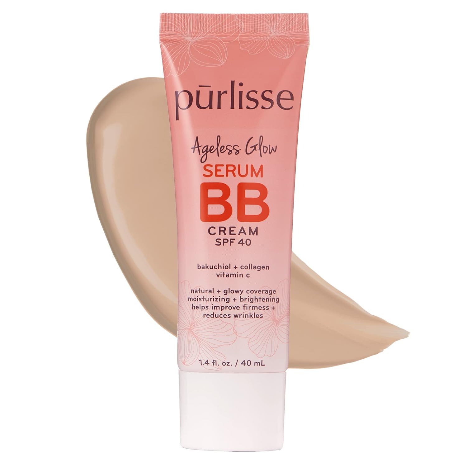 Purlisse Ageless Glow Serum BB Cream SPF 40 tube for even skin tone and dewy finish.