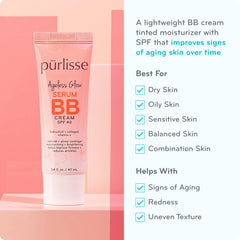 Purlisse natural finish BB application swatch showing light coverage and radiant complexion.