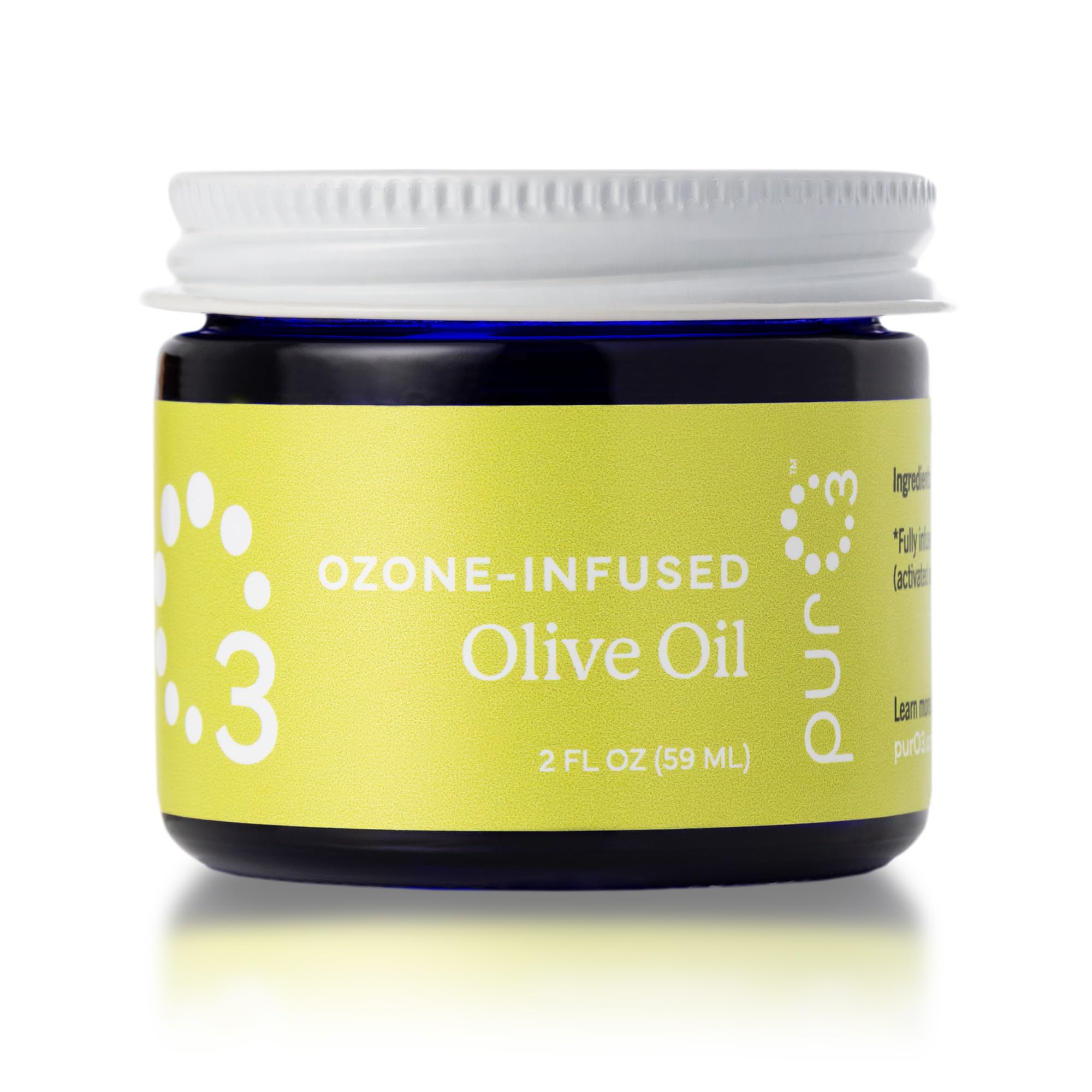 PurO3 ozonated olive oil bottle shows pure, additive-free skincare.