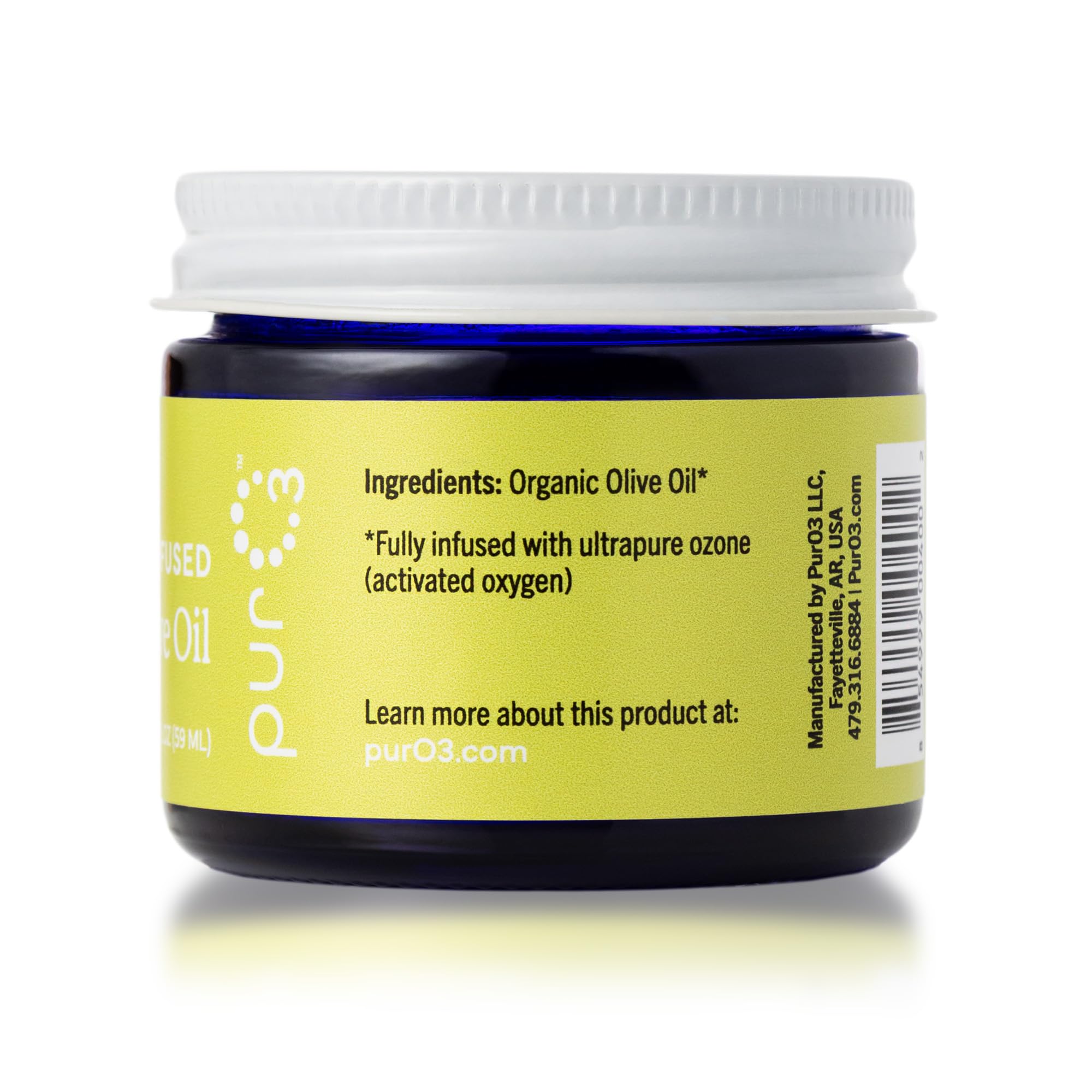 PurO3 ozonated olive oil glass jar highlights clean, no-additive formula.