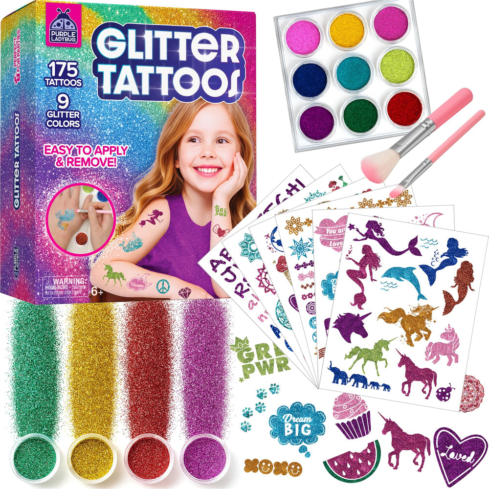 Purple Ladybug kit tatuajes brillantes 175 piezas, ideal para fiestas creativas.