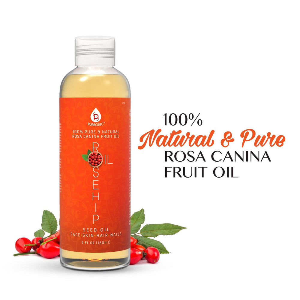 Pursonic Rosehip Oil amber bottle closeup highlights 100% pure cold-pressed formula