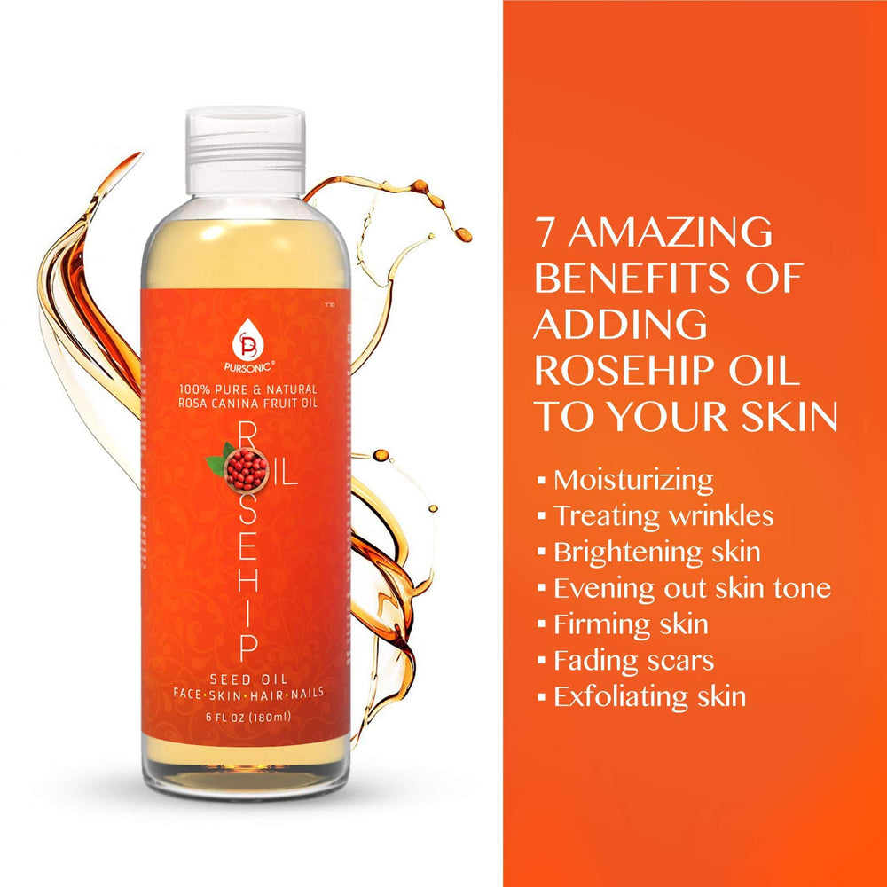 Pursonic Rosehip Oil dropper and bottle ready for daily facial use