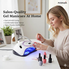 Pushujia 288W nail lamp side view shows compact home setup