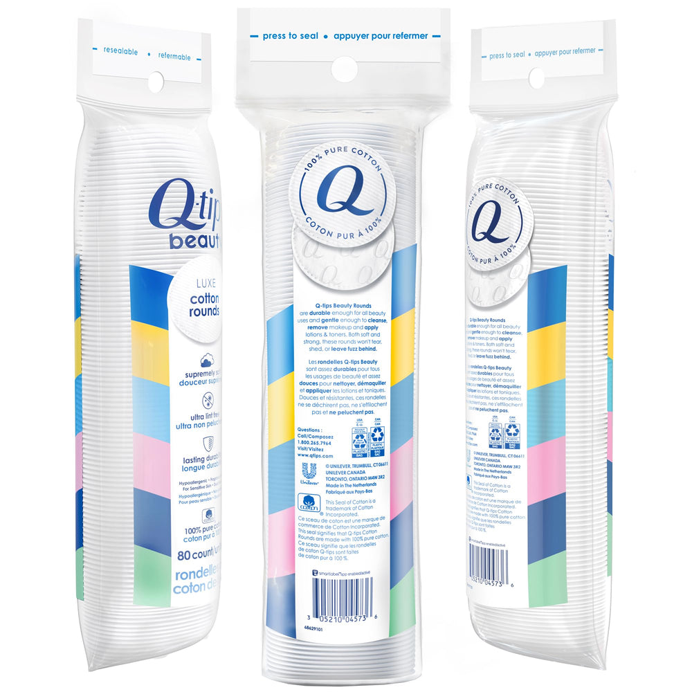 Q-Tips Beauty Luxe cotton rounds dual-sided close-up showing textured and soft sides for versatile skincare use.
