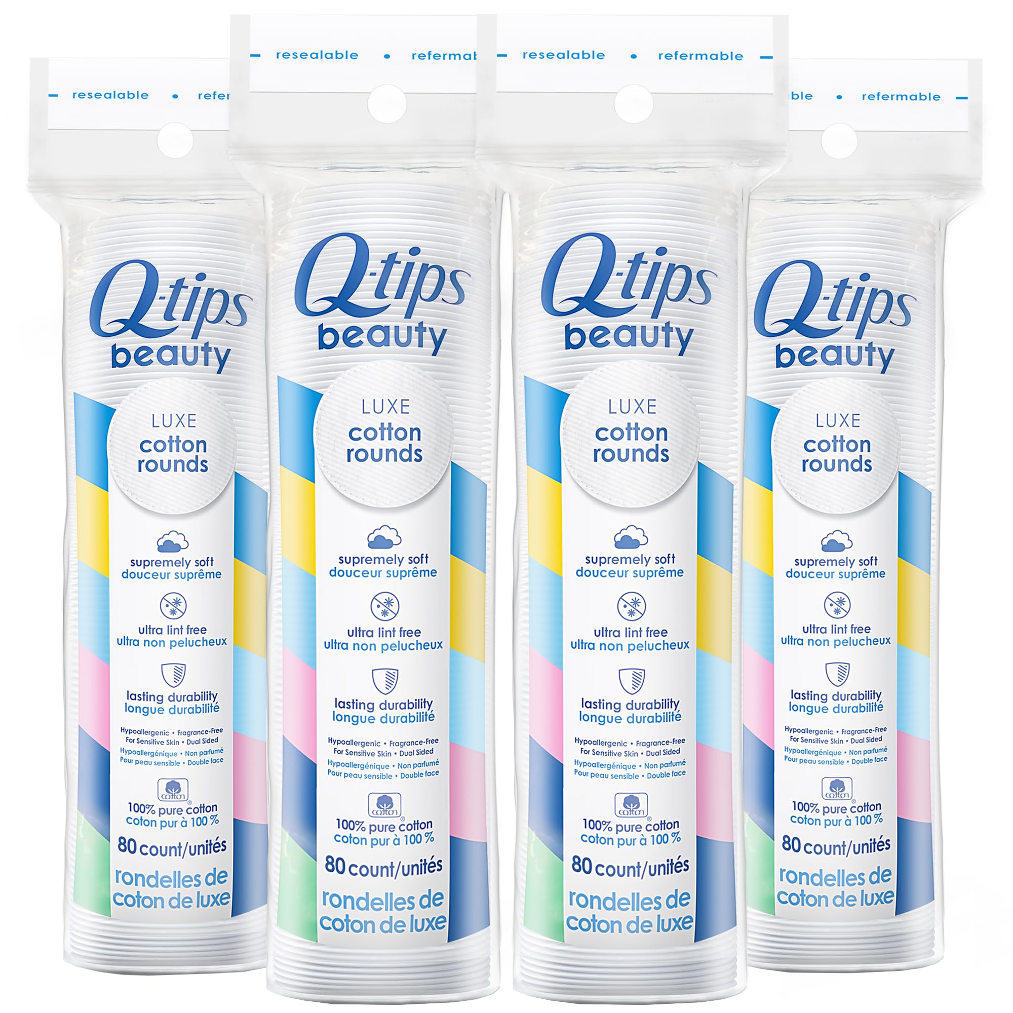 Q-Tips Beauty Luxe cotton rounds pack front view for gentle makeup removal.