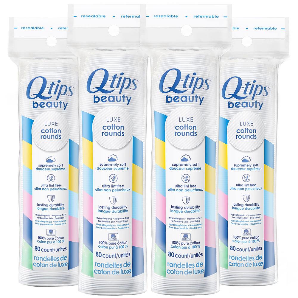 Q-Tips Beauty Luxe cotton rounds pack front view for gentle makeup removal.
