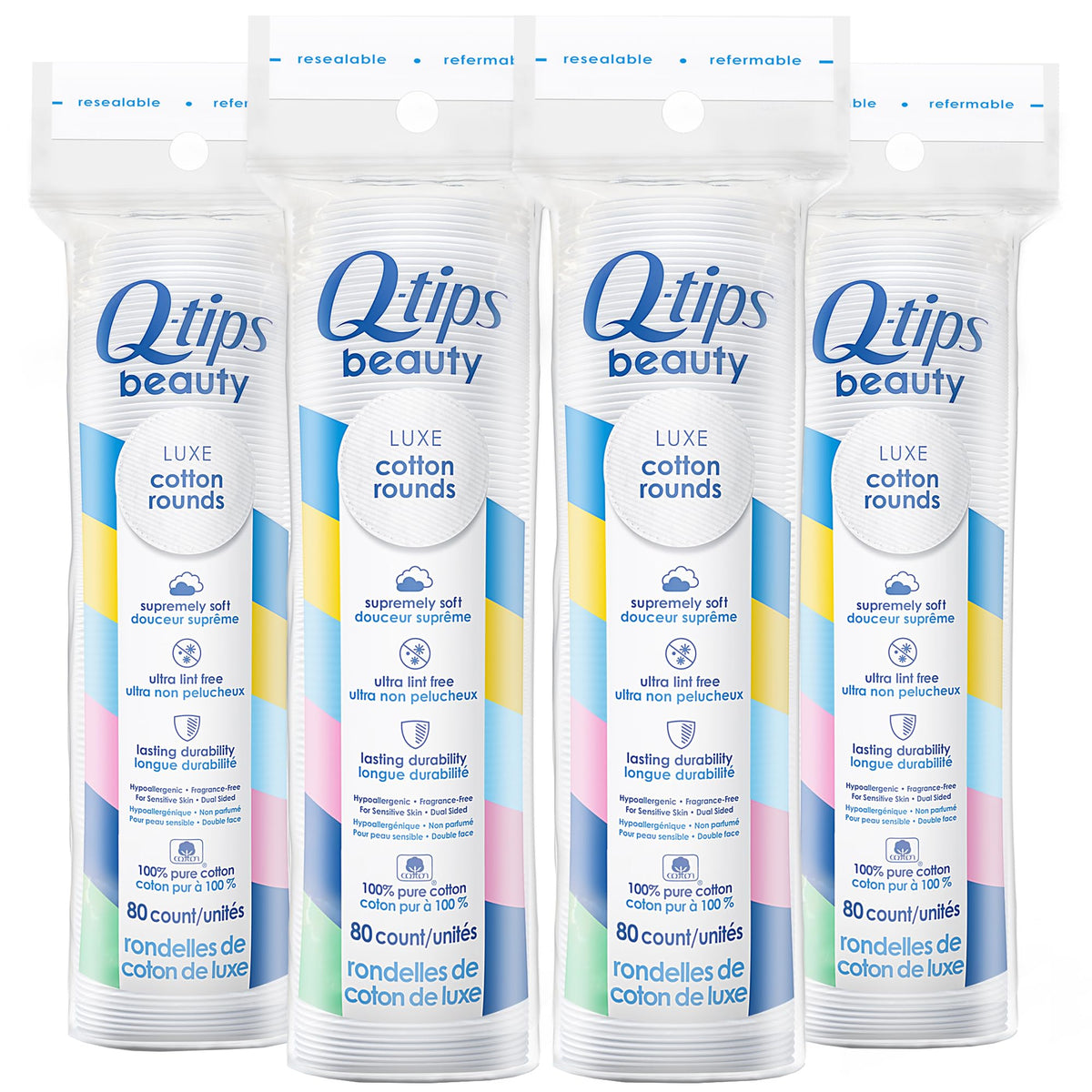 Q-Tips Beauty Luxe cotton rounds pack front view for gentle makeup removal.