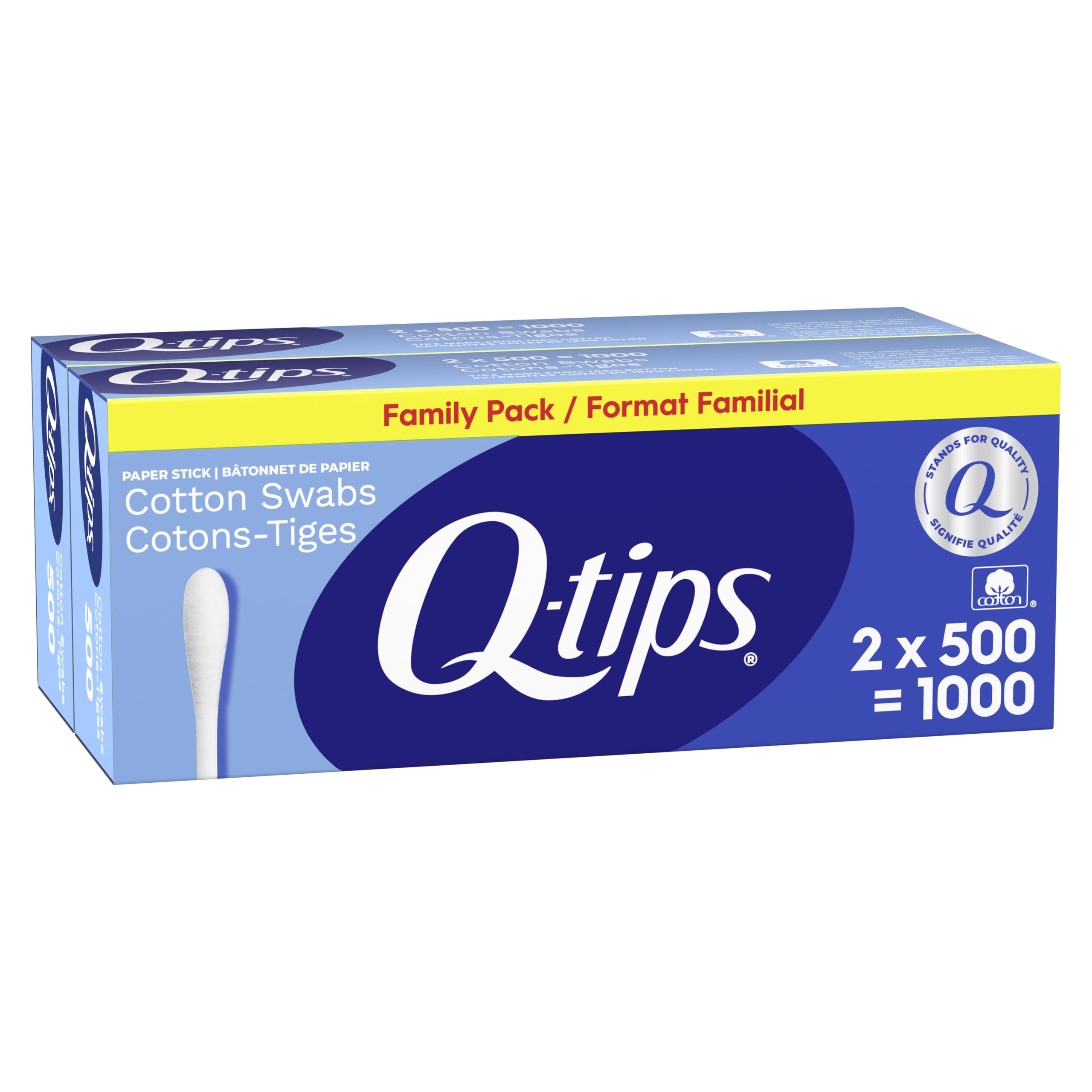 Q-tips cotton swabs pack of 2 front view for everyday care tasks.