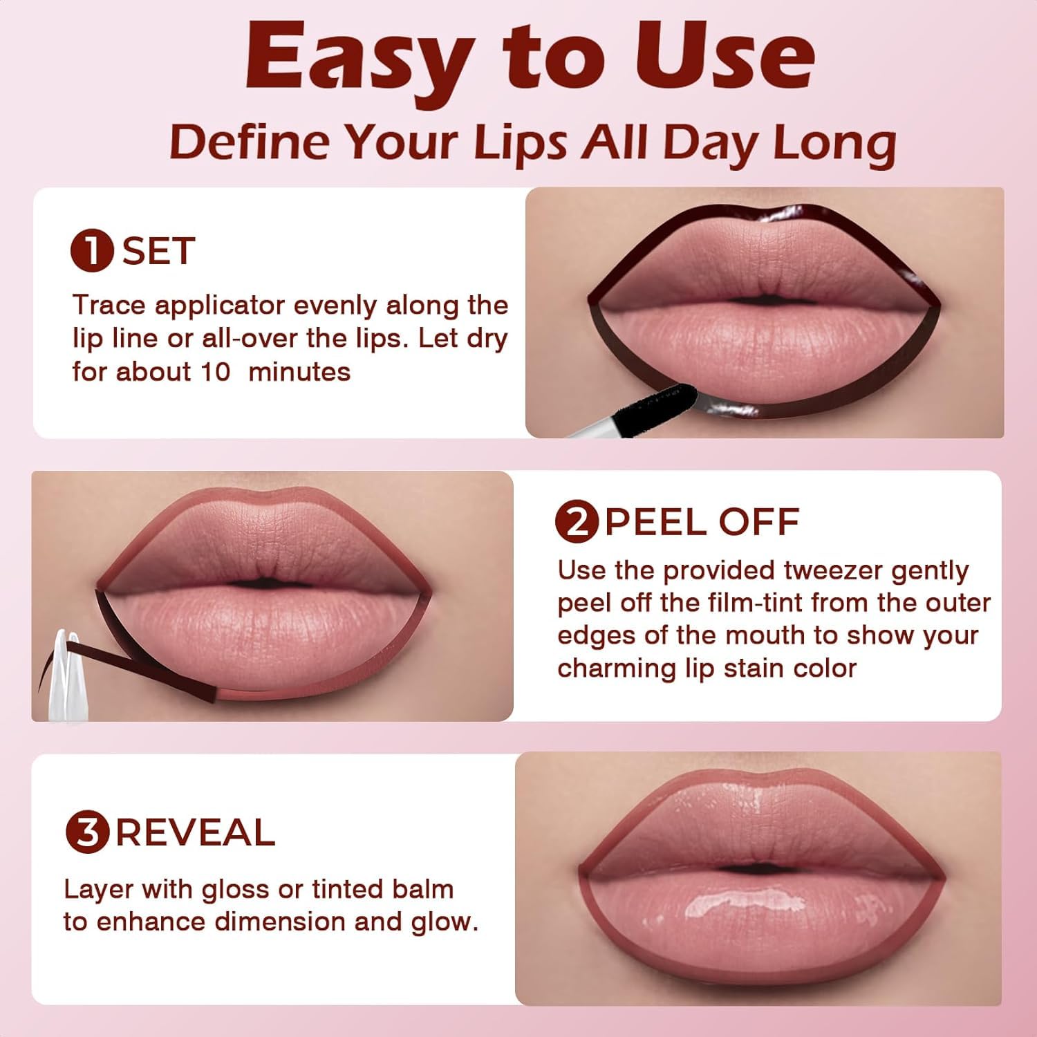 QCMME Lip Liner Stain forms a waterproof, transfer-proof film for durability.
