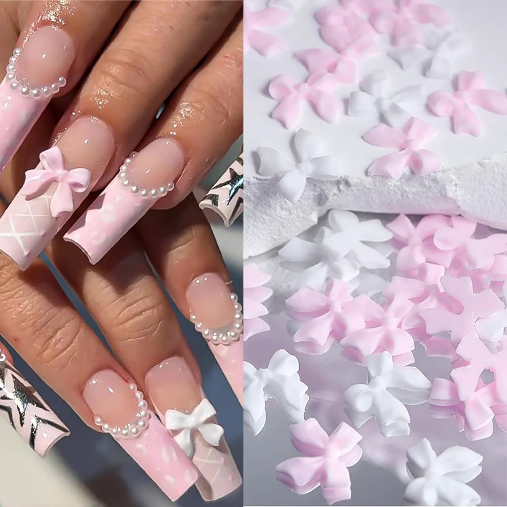 Adorno Qdsuh para uñas con lazo blanco, brillo suave para uñas naturales.