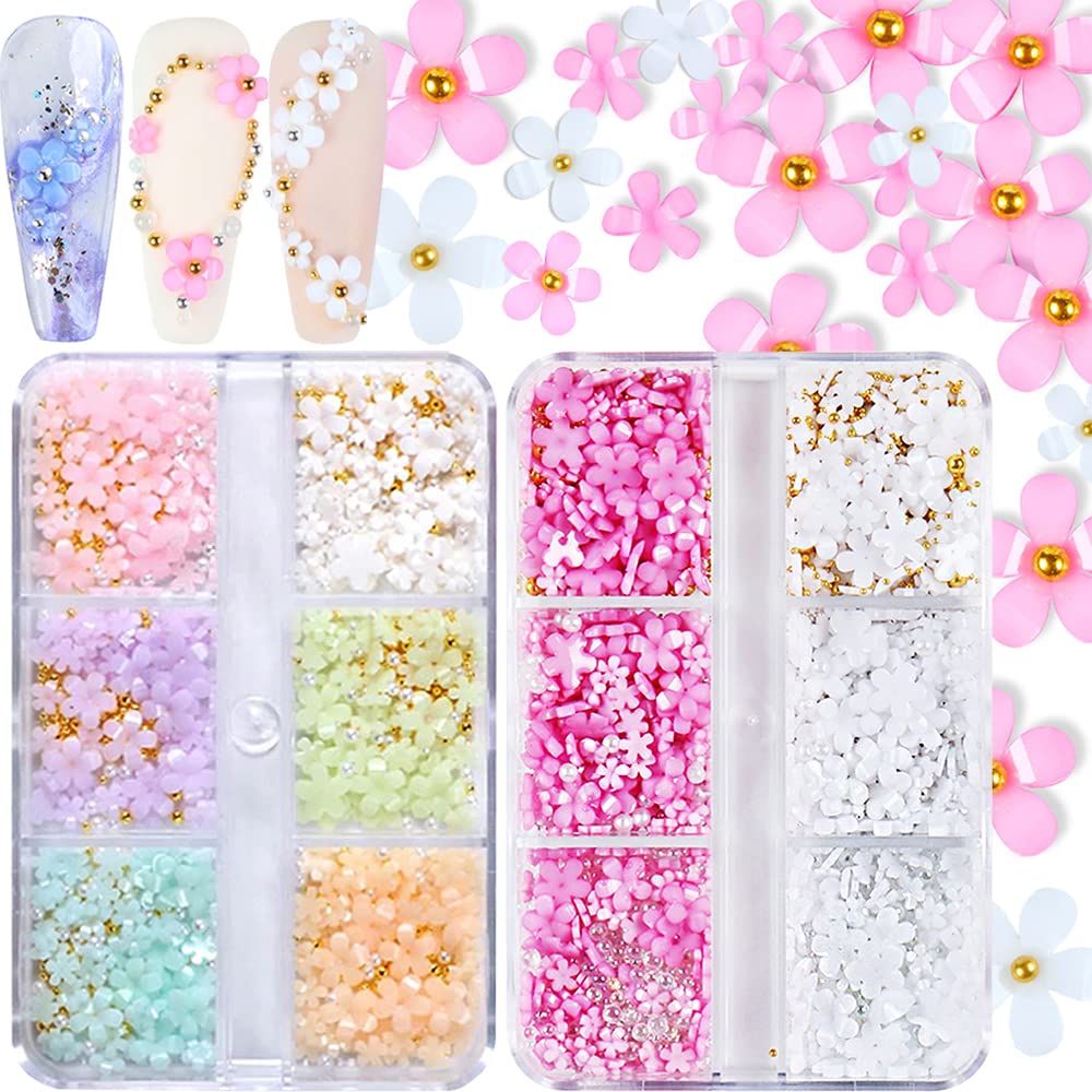 Qdsuh flores 3D para uñas rosas y blancas, diseño elegante y duradero.