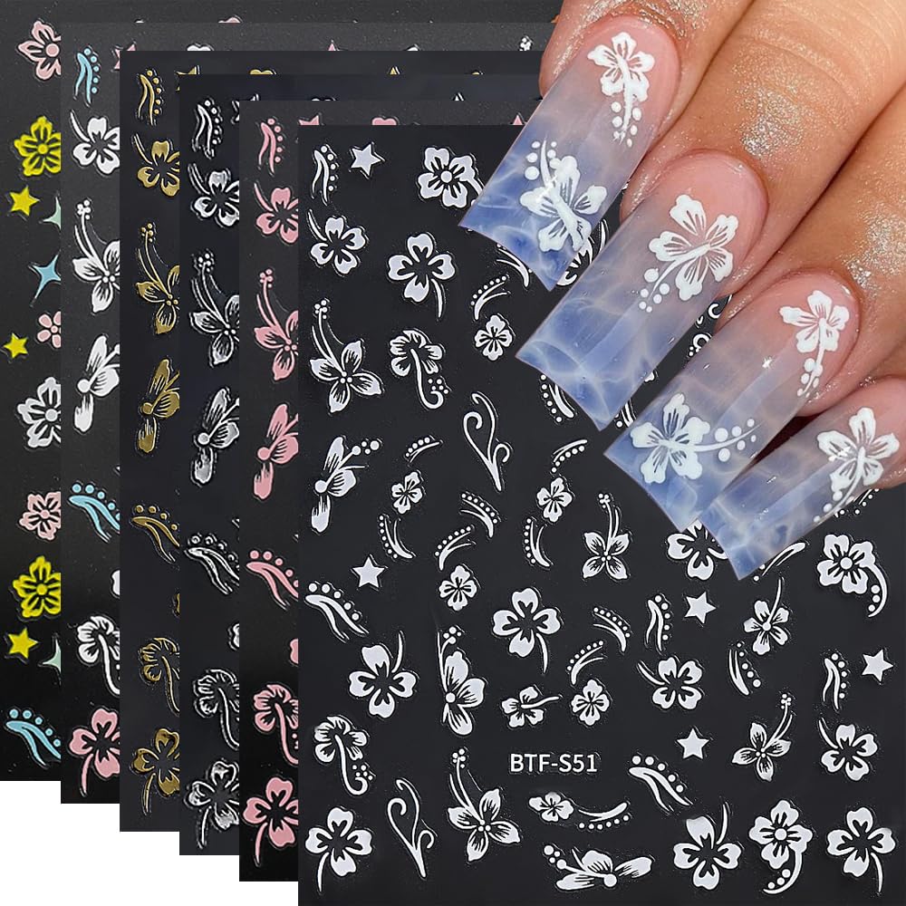 Qdsuh pegatinas para uñas hibisco blanco, decoración rápida y elegante para verano
