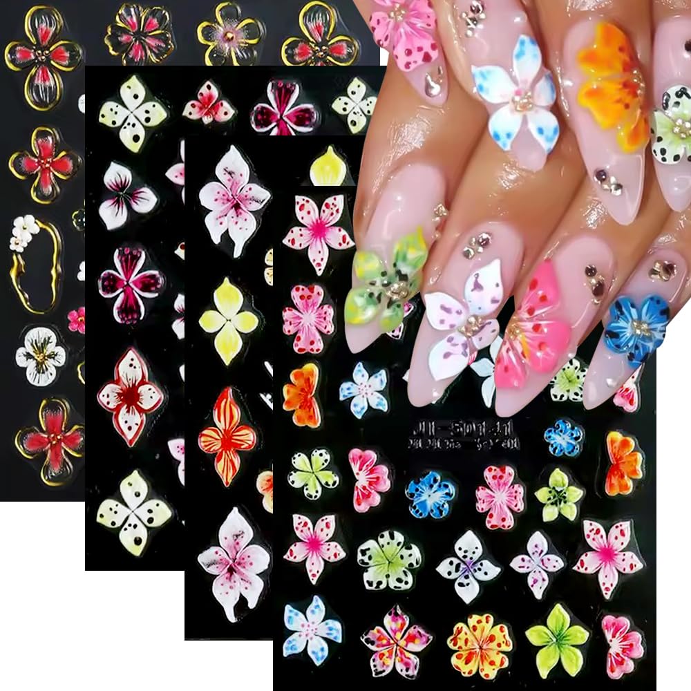 Qdsuh pegatinas florales para uñas hibisco rosa 5D, aspecto vibrante