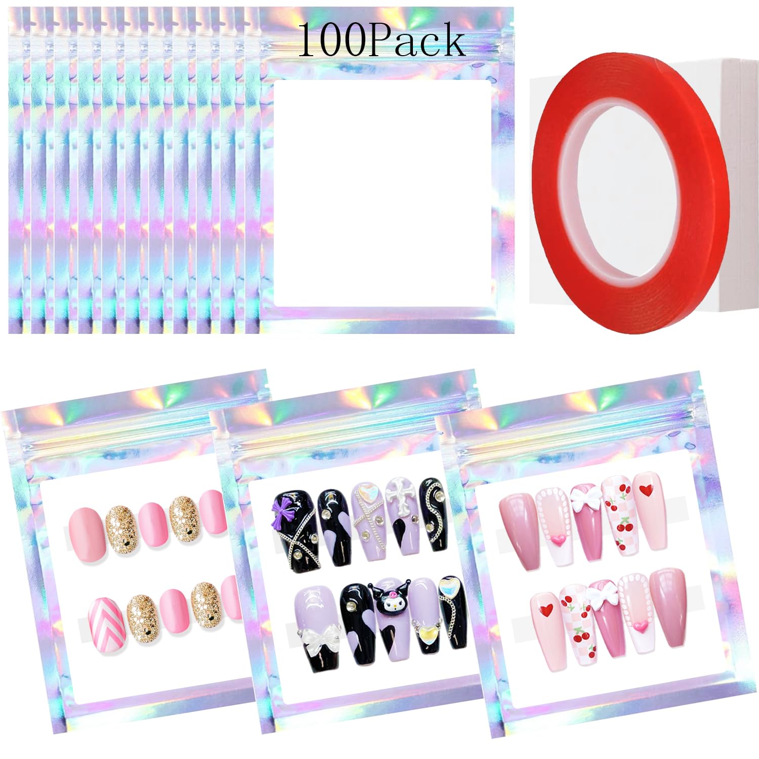 Qenk bolsas holográficas para uñas: almacenamiento atractivo y exhibición clara del producto.
