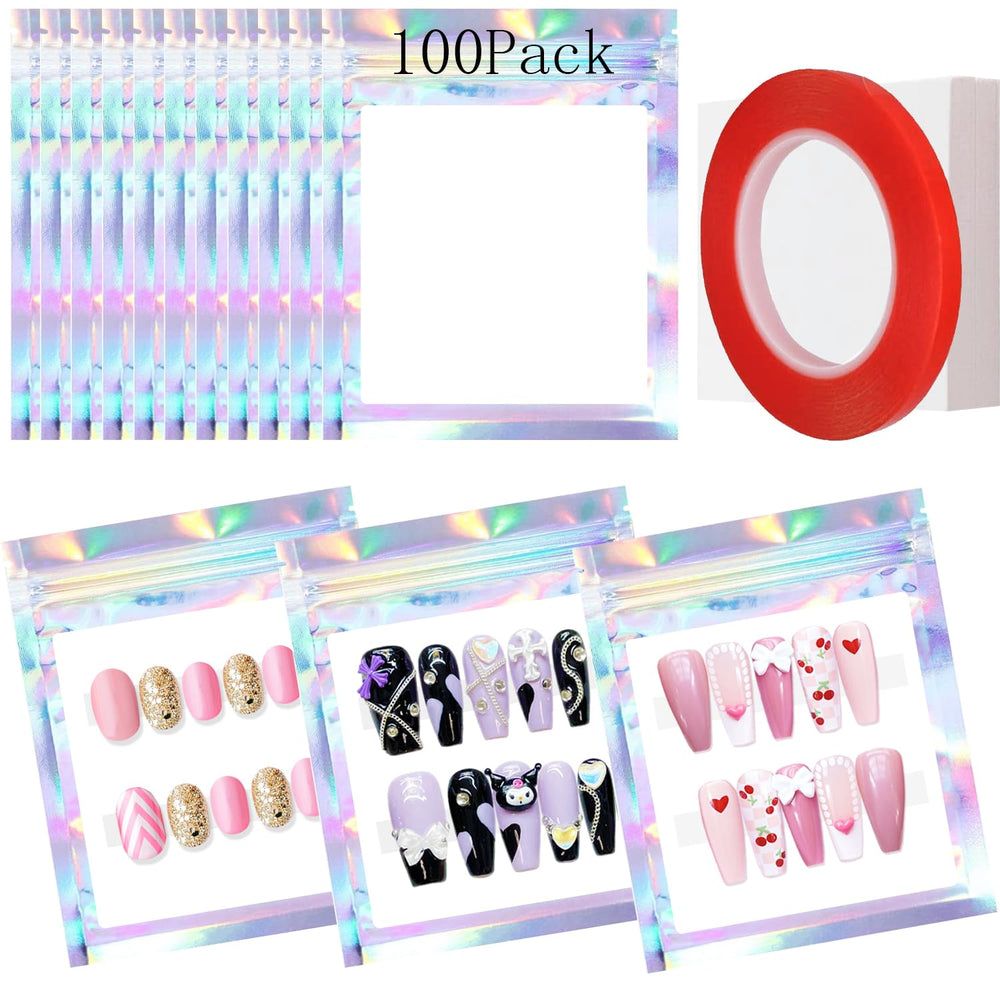 Qenk bolsas holográficas para uñas: almacenamiento atractivo y exhibición clara del producto.