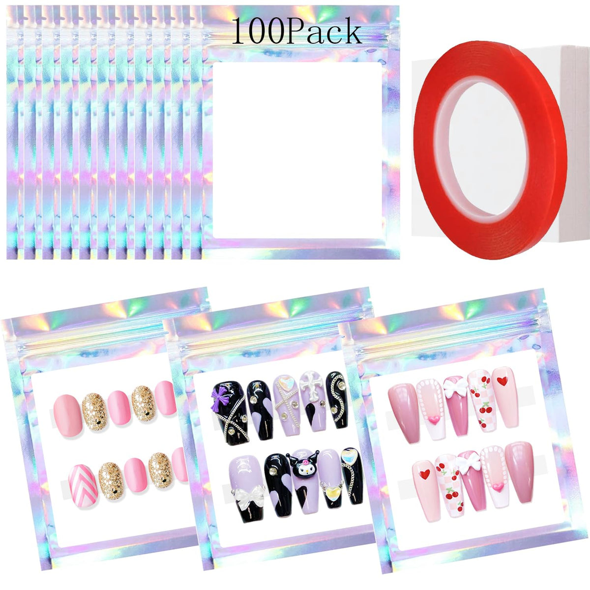 Qenk bolsas holográficas para uñas: almacenamiento atractivo y exhibición clara del producto.