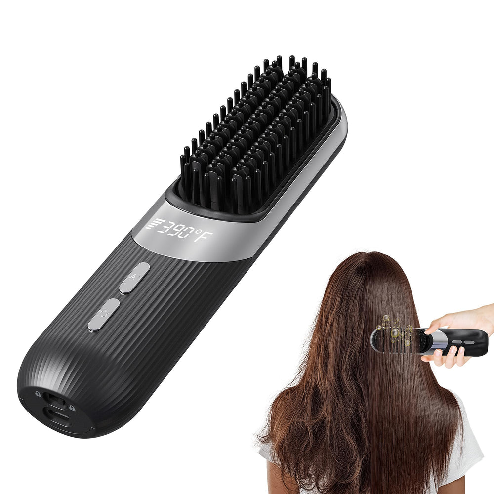 QEOWUO cordless hair styling brush front view highlights compact travel-ready design