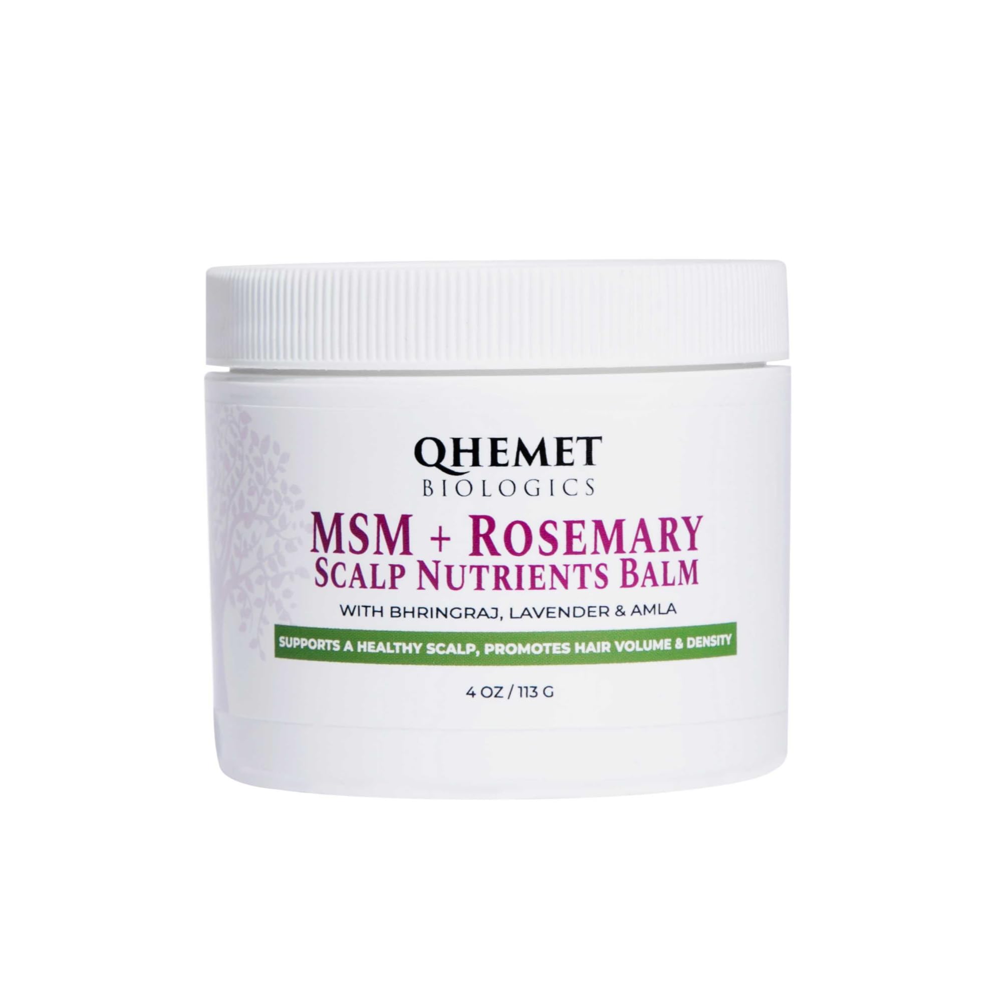 Qhemet Biologics MSM + Rosemary Scalp Nutrients Balm bottle promotes healthy scalp support and potential hair growth