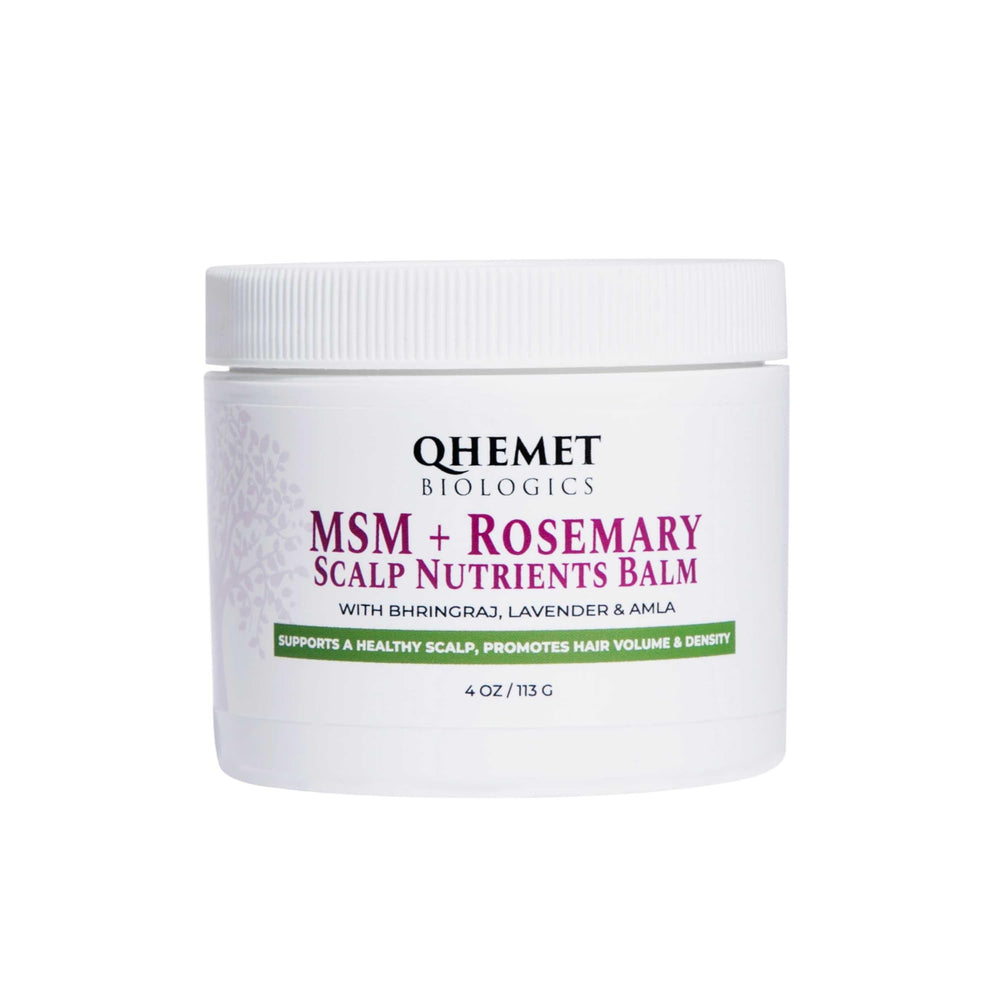 Qhemet Biologics MSM + Rosemary Scalp Nutrients Balm bottle promotes healthy scalp support and potential hair growth