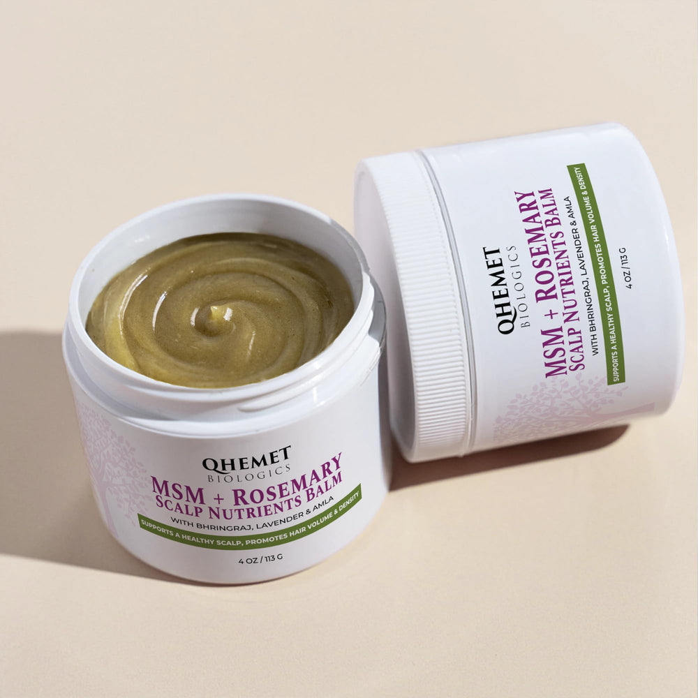 Qhemet Biologics ingredient blend featuring Bhringraj, Amla, and Coconut Oil for scalp health