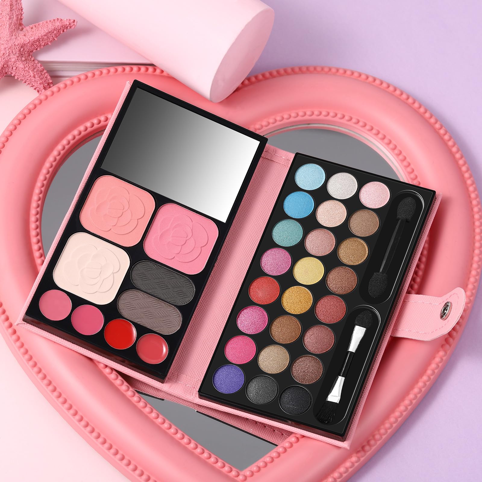 QiBest all-in-one makeup kit built-in mirror for on-the-go touch-ups.