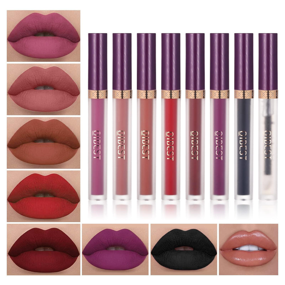 QiBest conjunto labios mate terciopelo, acabado suave y duradero.