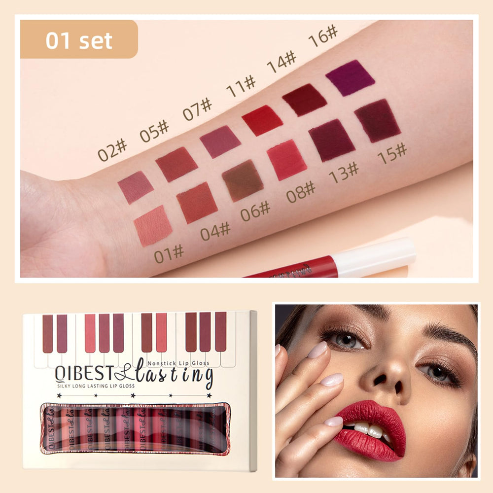 QiBest labiales líquidos, tonos neutros a rojo intenso, ideales para diario o eventos.