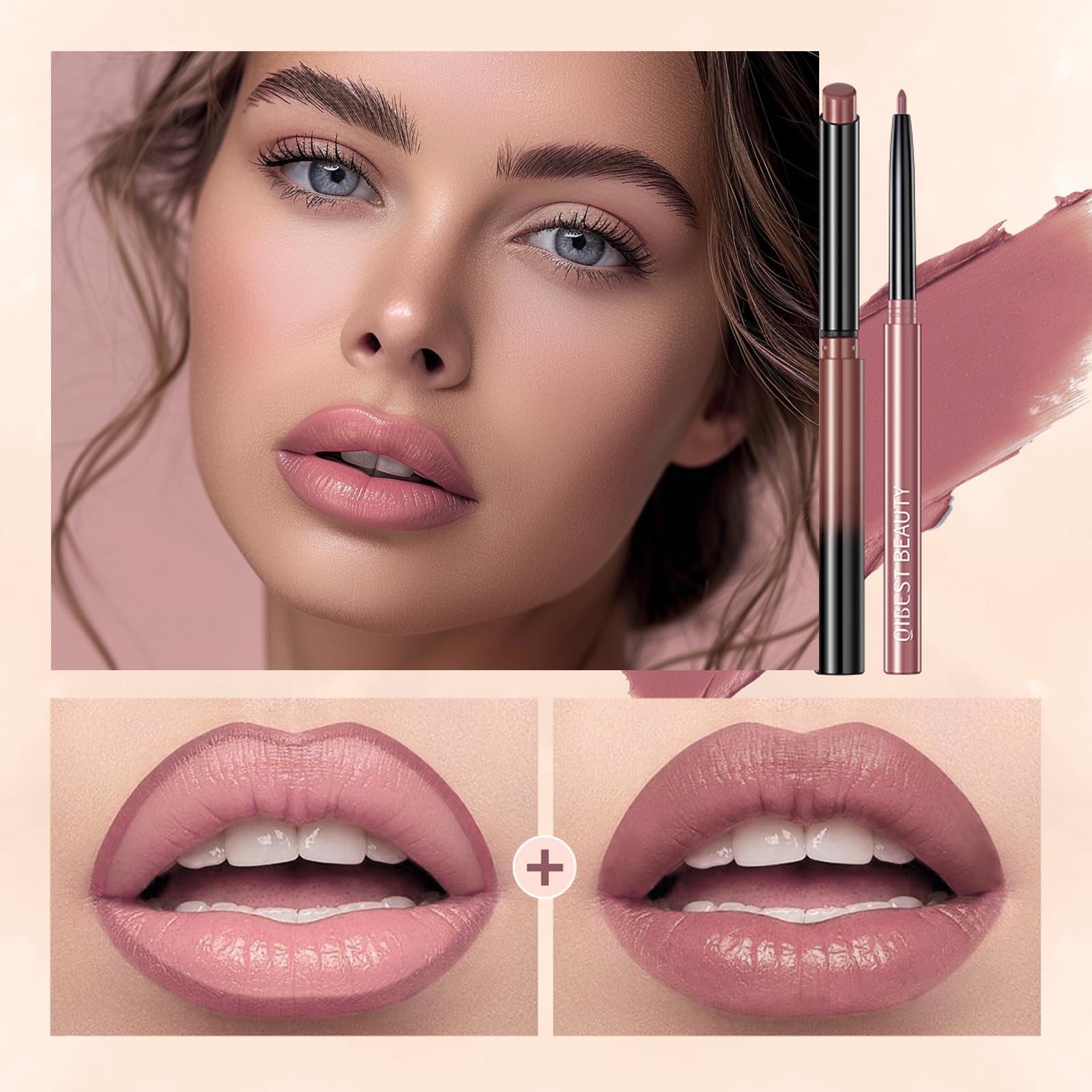 QiBest lipstick applying on lips shows buildable coverage and blendable color.