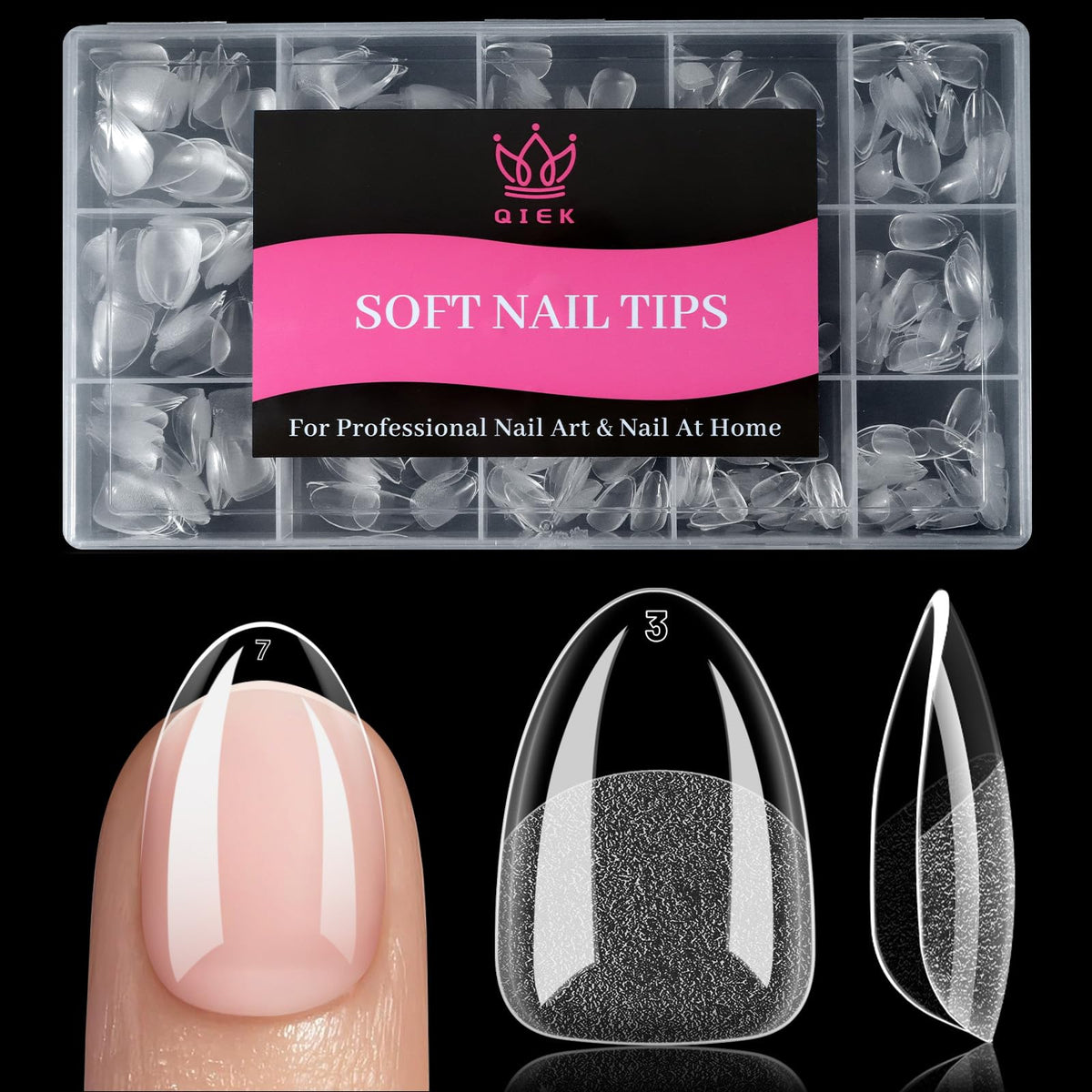 QIEK extra-short almond nail tips in clear 240pcs for precise DIY fitting.