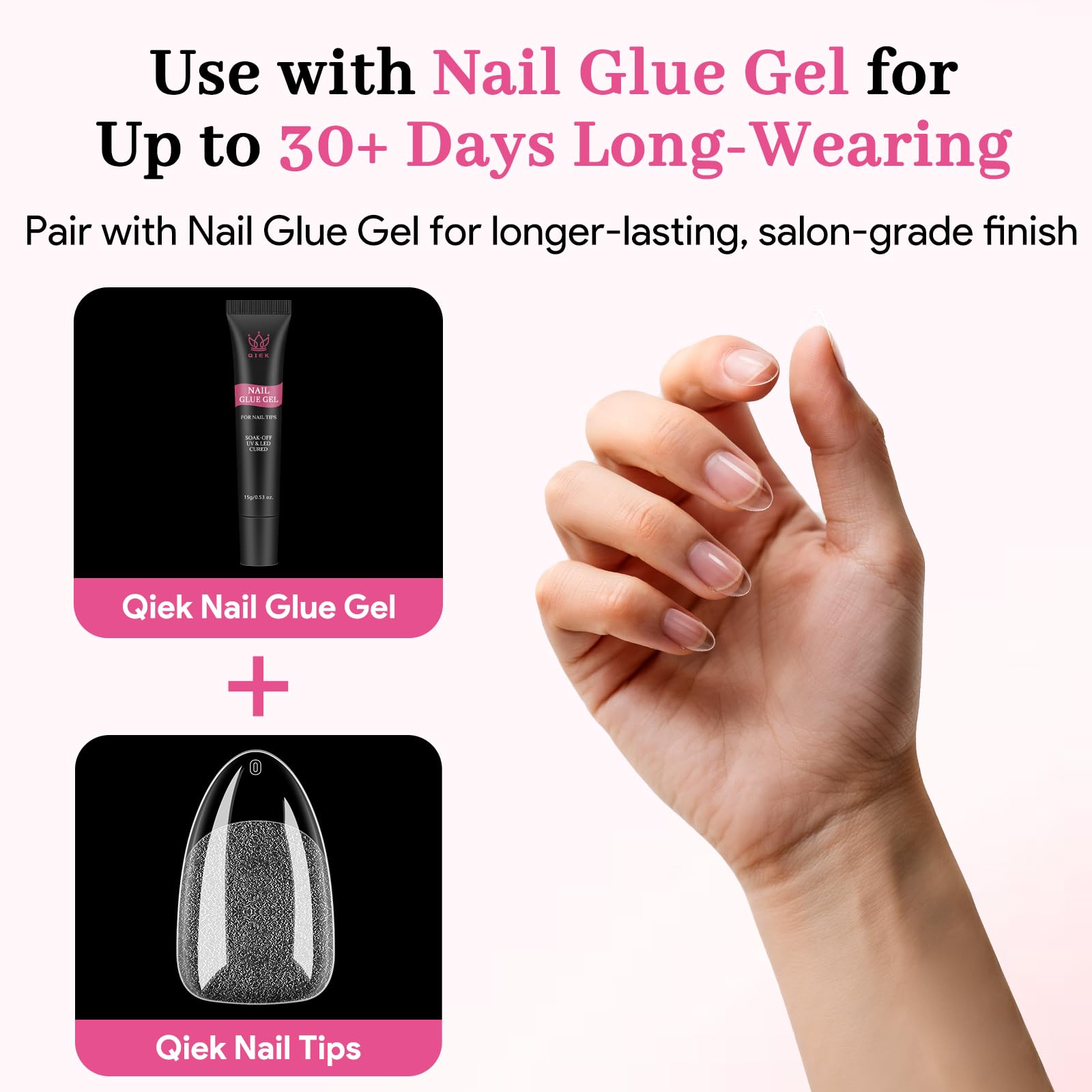 QIEK short almond tips being applied on natural nails for a neat finish.