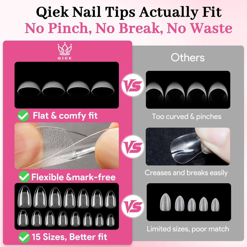 QIEK almond gel tips made of flexible material that bends without marks.