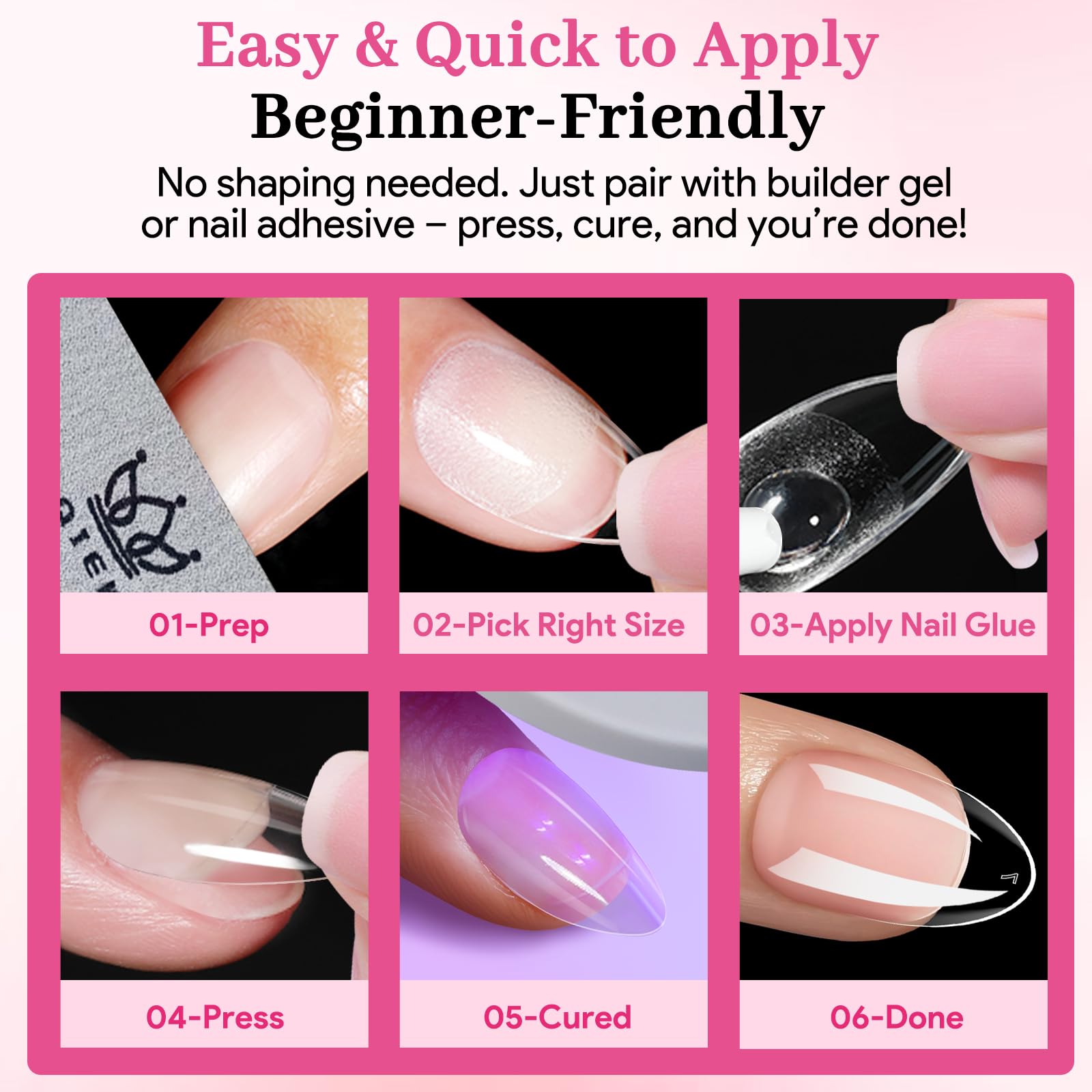 QIEK home manicure setup with short almond nail tips for DIY styling.