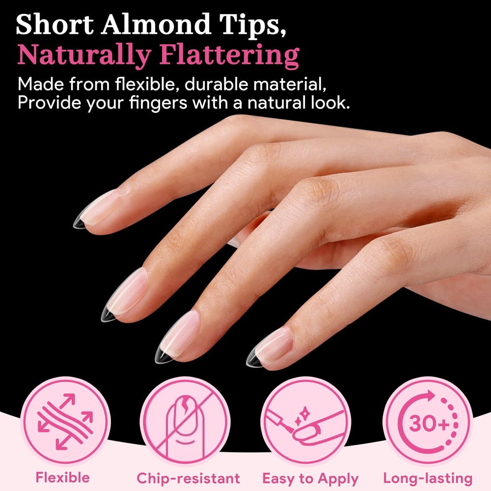 QIEK short almond tips inner surface pre‑matte for better adhesion potential.