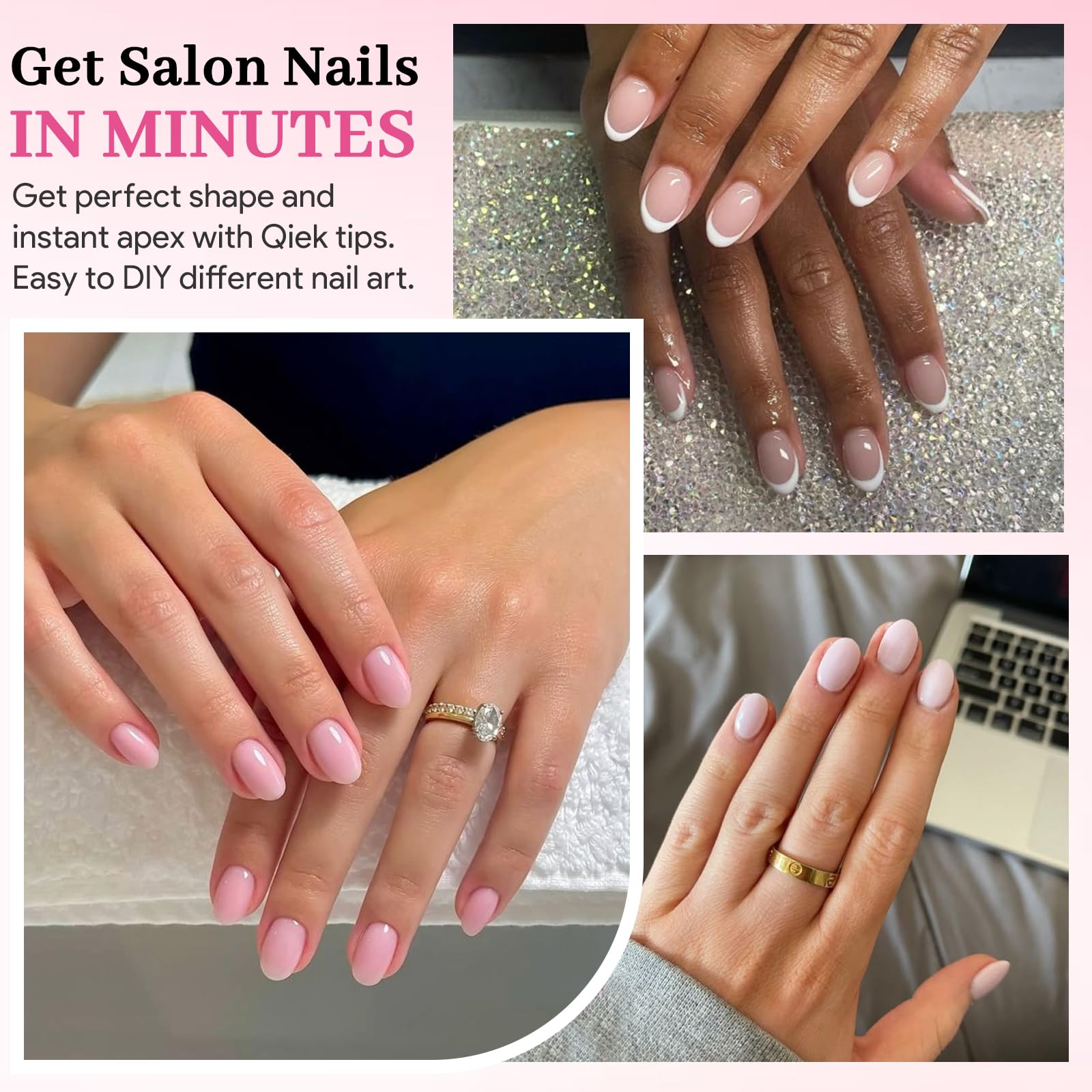 QIEK thin-edge almond tips provide a seamless blend with natural nails.