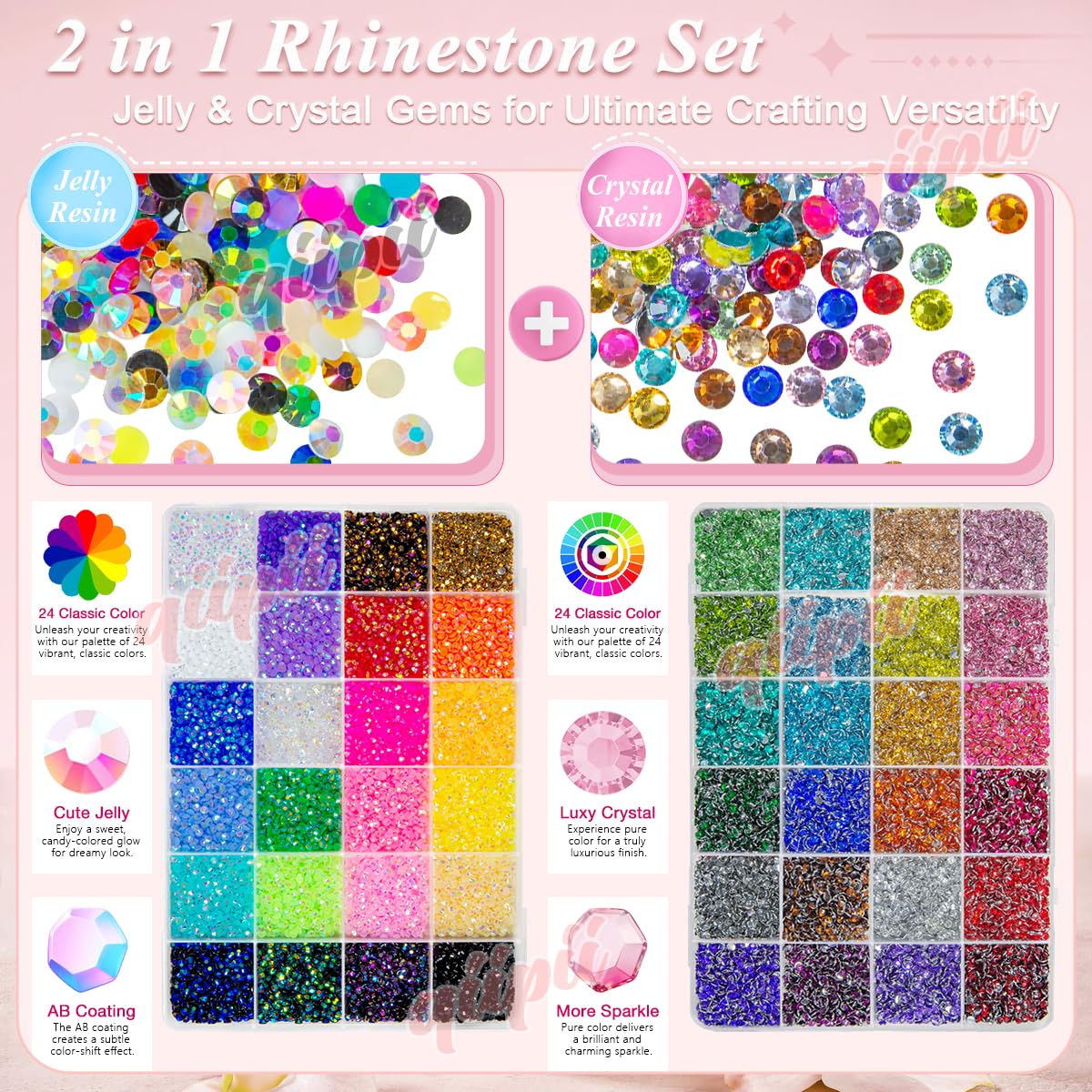 qiipii 24-color crystal rhinestones for clear sparkle in DIY projects.