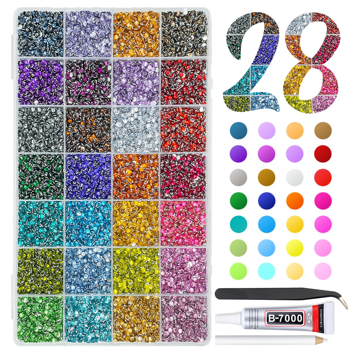 Qiipii 28 colores de cristales resina 3mm, muestra completa para uñas y decoraciones.