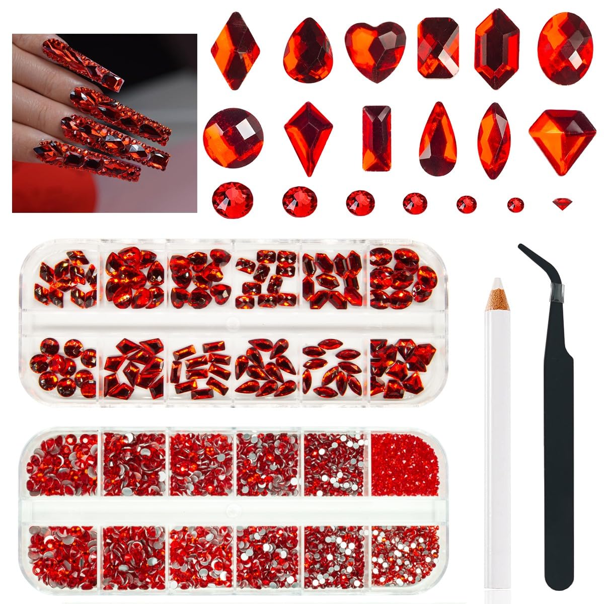 qiipii 4080Pcs red nail rhinestones multishapes for dazzling home manicures