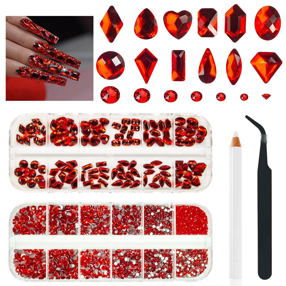 qiipii 4080Pcs red nail rhinestones multishapes for dazzling home manicures