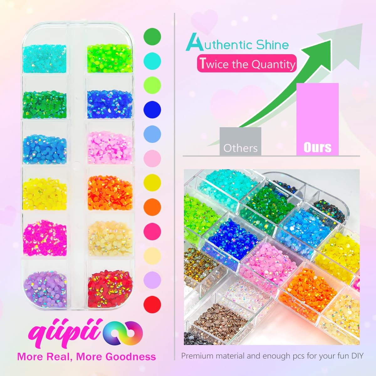 Qiipii resin flatback rhinestones enhance decorations with extra shine on various surfaces.