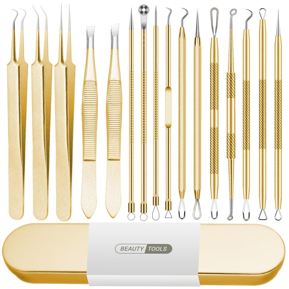 Qimouwp blackhead remover tool set in a golden case for convenient at-home skincare.