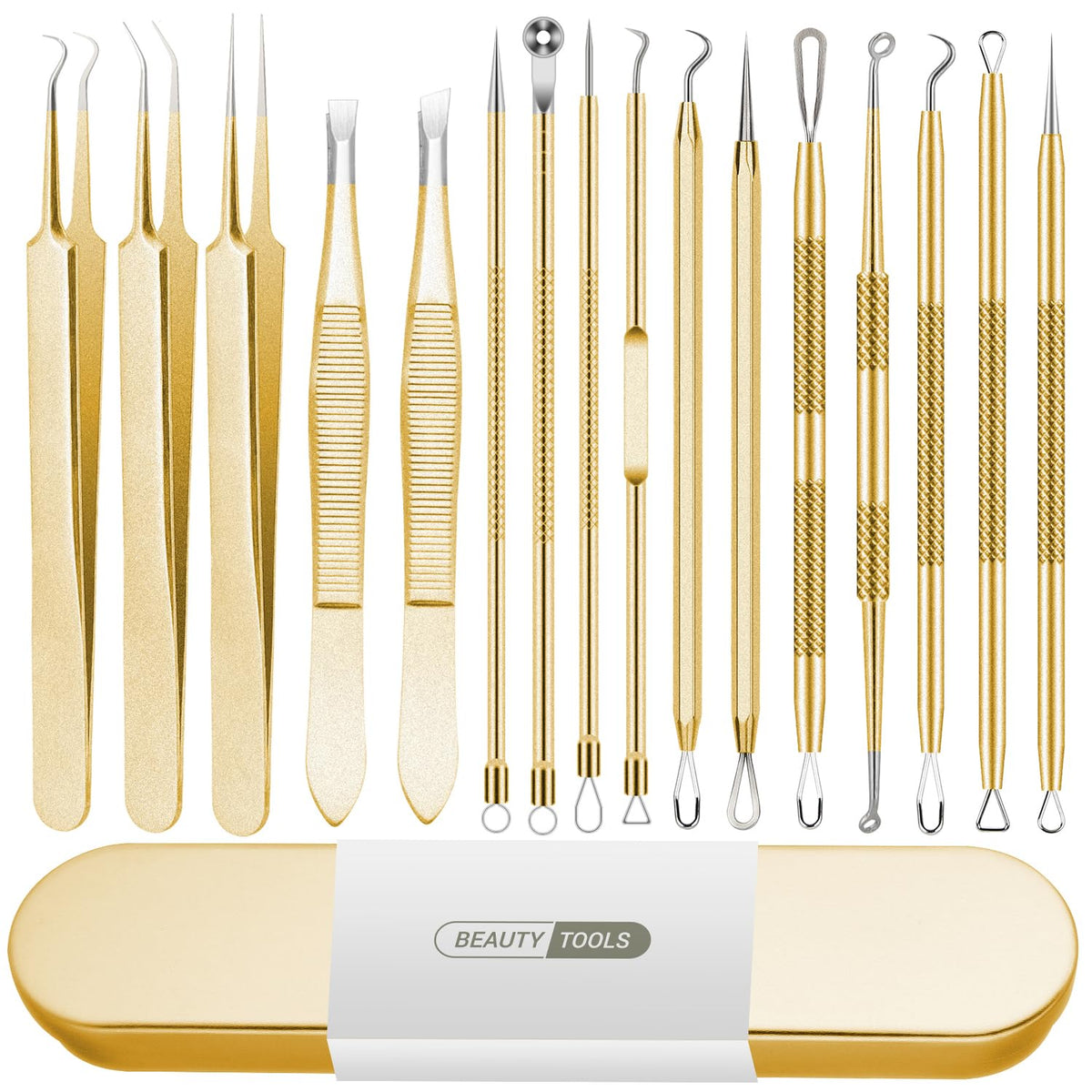Qimouwp blackhead remover tool set in a golden case for convenient at-home skincare.