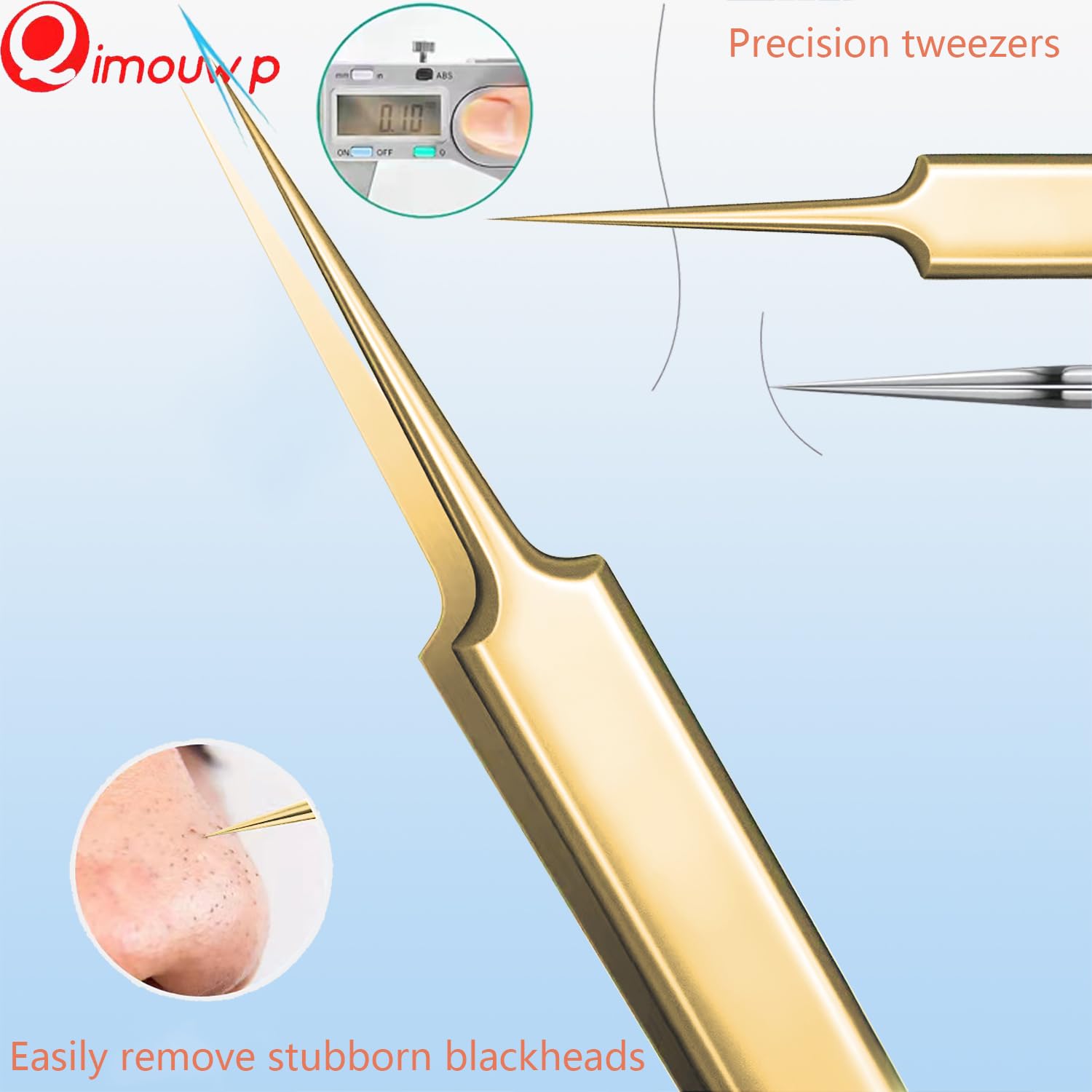 Qimouwp pointed slant tweezer for targeted extraction near pores.