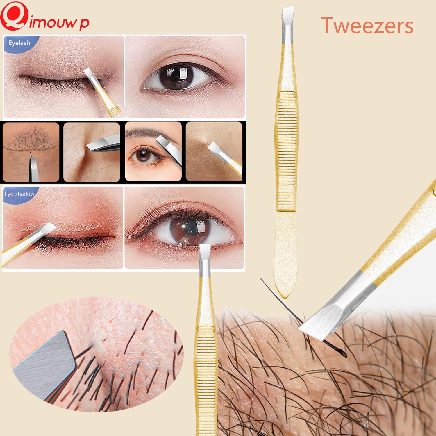 Qimouwp slant tweezer close-up for precise control during blemish care.
